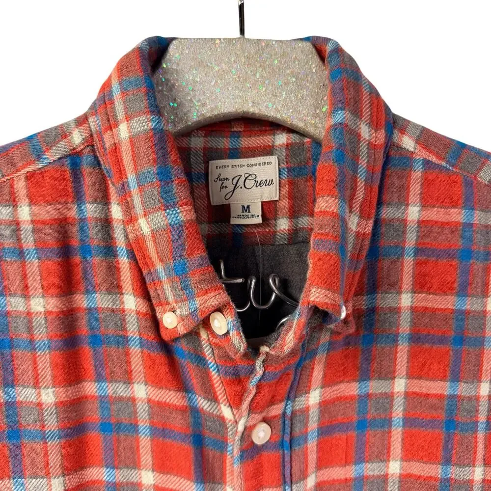 J Crew Flannel Shirt Plaid Red Blue Gray Medium Slim Double Weave AY988